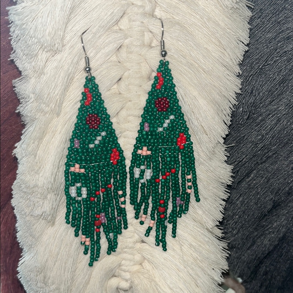 Elegant Green and Red Christmas Beaded Earrings